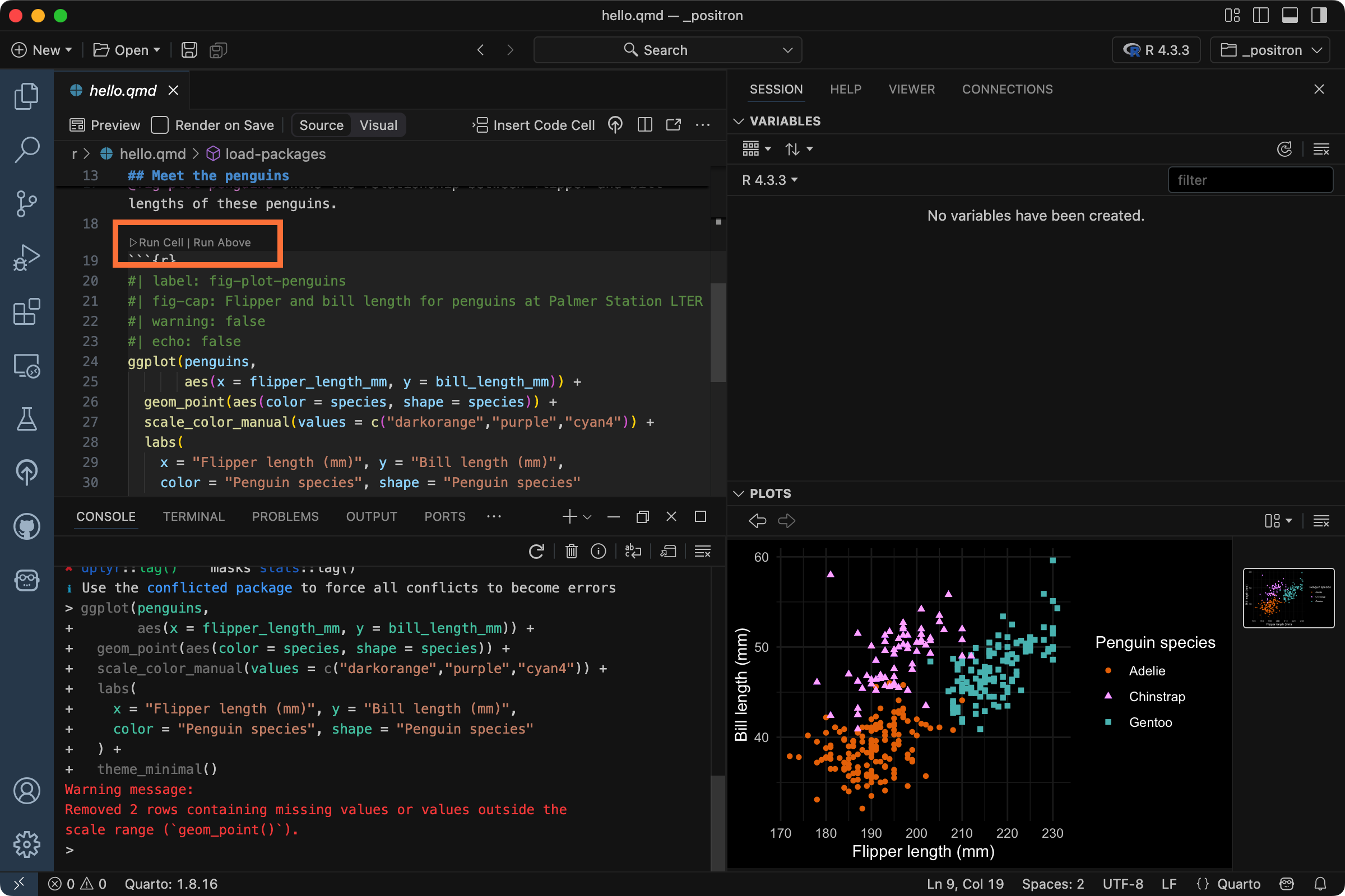 A Positron session with hello.qmd open in the Editor. An orange box highlights the button 'Run Cell' above a code cell with the label plot-penguins. The Console shows an executed line of code ending in theme_minimal() and the Plots pane shows a scatterplot of penguin flipper and bill length.