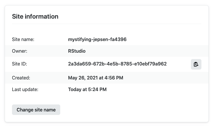Netlify Site information panel with a Change site name button.
