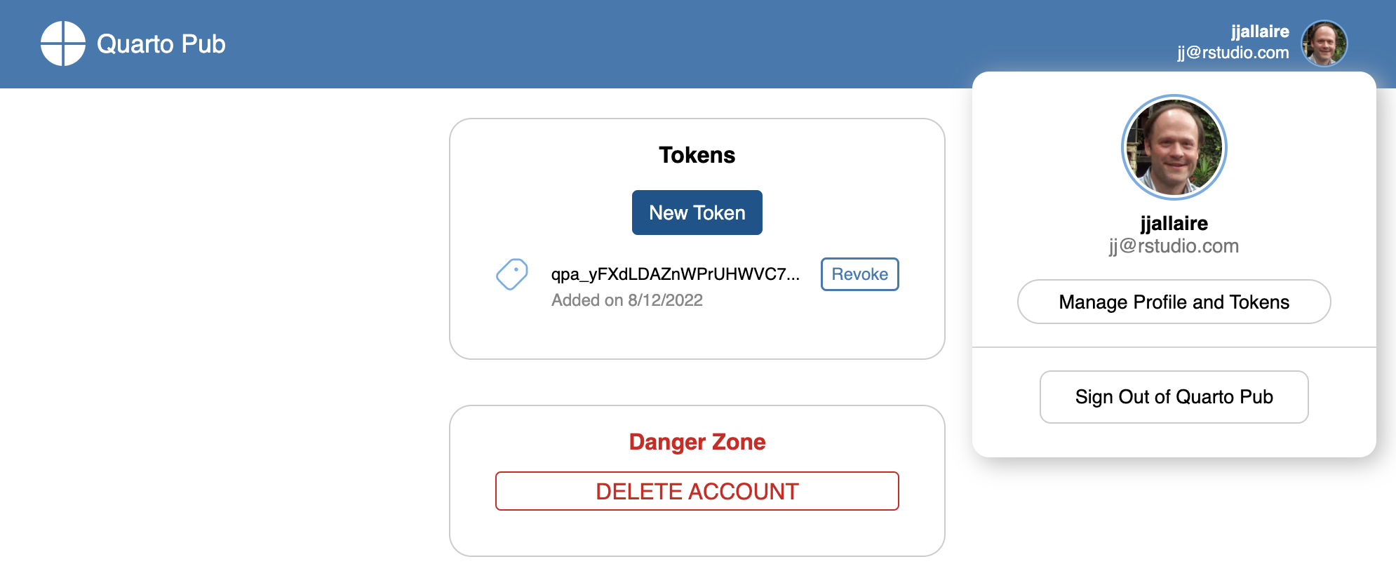 Tokens panel showing an existing token with a Revoke button, and a New Token button above it.